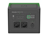 Schneider OffGrid 730 - Transportabel strømstation - LCD, lithium-ion, 2 CEE 7/3 schuko stik, sinuskurve, 3 USB-A, 1 USB-C, trådløs oplader - AC 195 - 265 / DC 12 -30 V - 700 Watt - Litiumion - 738 Wh - output-stikforbindelser: 2 - sort, grøn PPS730-GR